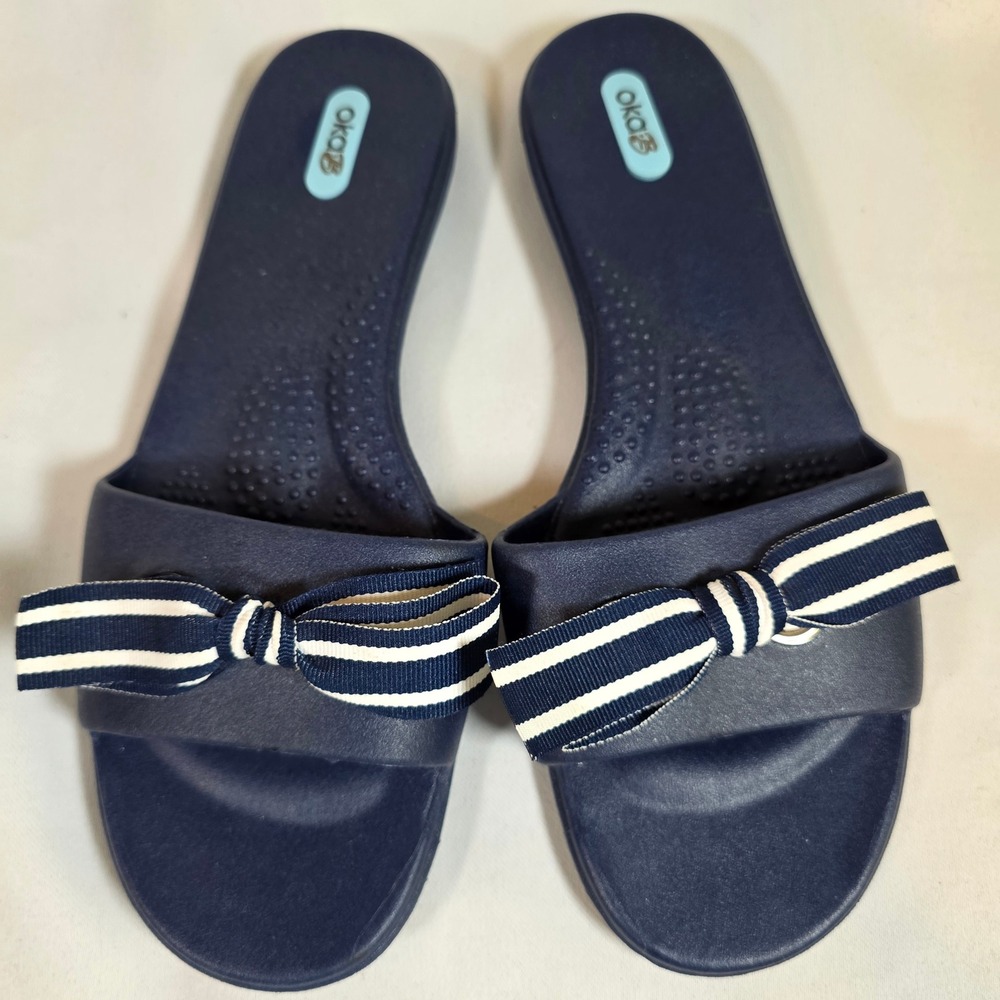 Oka-B Womens M/L Navy Blue Striped Bow Slide Sandals Nautical Comfort Slides